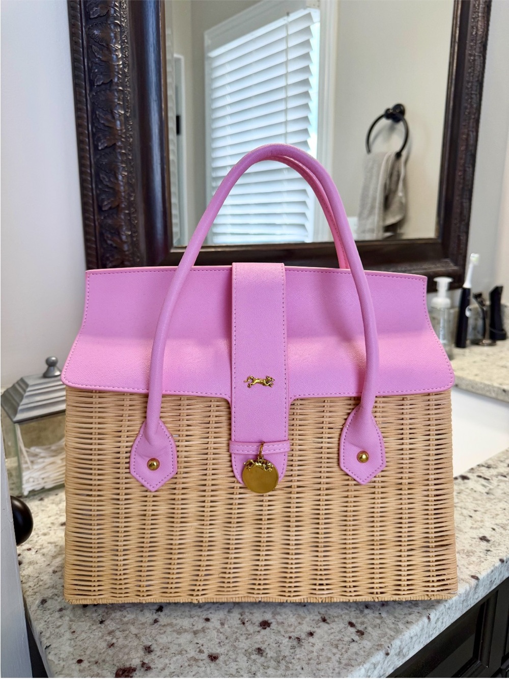 MME MINK  Onassis 35 Peony Pink Woven Basket Satchel. NWOT. Never carried